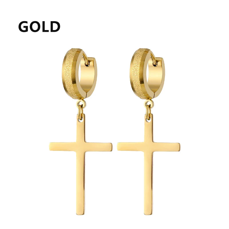 1Pair Punk Stainless Steel Cross Pendant Hoop Earrings For Men Women Not Fade Ear Rings Hip Hop Male Jewelry