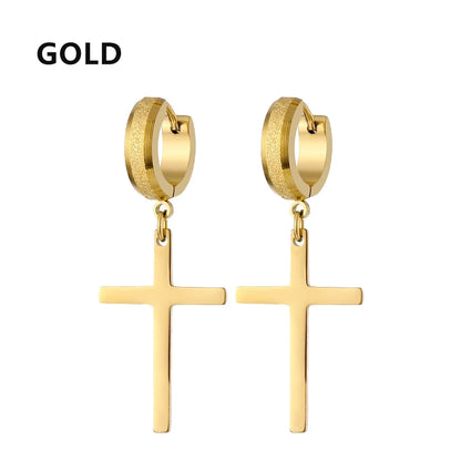 1Pair Punk Stainless Steel Cross Pendant Hoop Earrings For Men Women Not Fade Ear Rings Hip Hop Male Jewelry