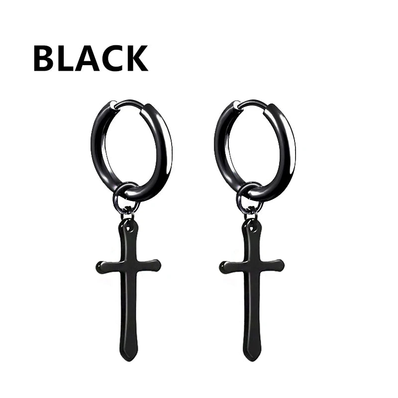 1Pair Punk Stainless Steel Cross Pendant Hoop Earrings For Men Women Not Fade Ear Rings Hip Hop Male Jewelry