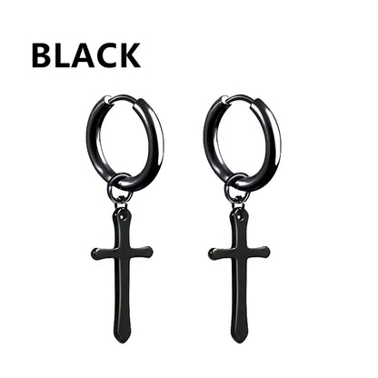 1Pair Punk Stainless Steel Cross Pendant Hoop Earrings For Men Women Not Fade Ear Rings Hip Hop Male Jewelry